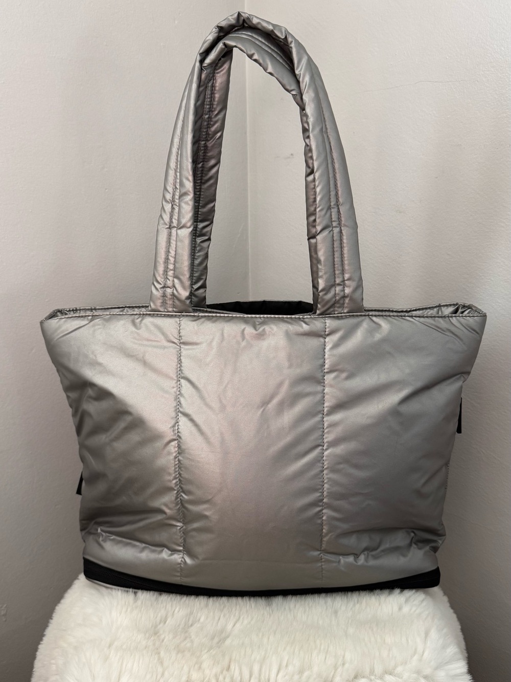 CALPAK Luka Expandable Laptop Puffy Tote Metallic Silver